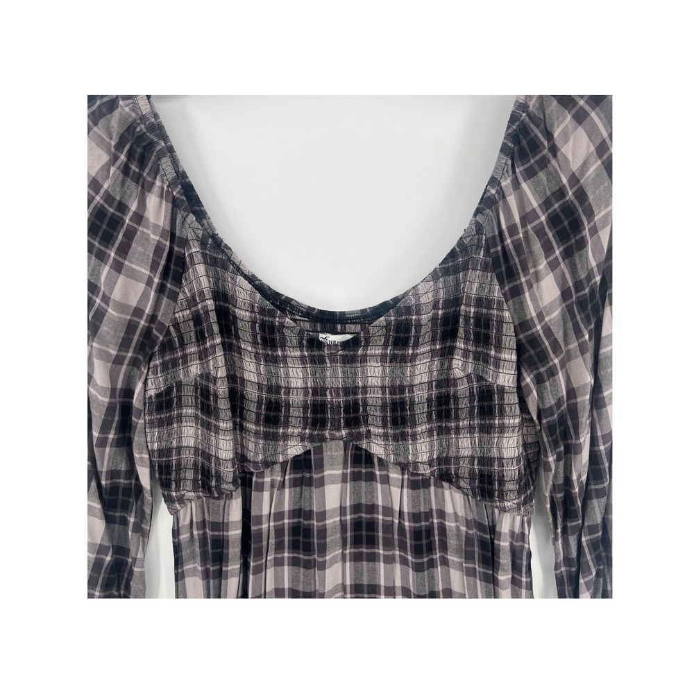 Hollister Plaid Mini Dress Size M Black Grey Smocked‎ Ruffle 3/4 Sleeve 90s - Picture 3 of 8